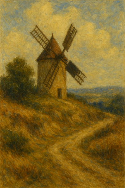 남프랑스 언덕 위 풍차 방앗간을 유화 스타일로 표현한 그림, 구불구불한 흙길과 푸른 하늘이 어우러진 전원 풍경