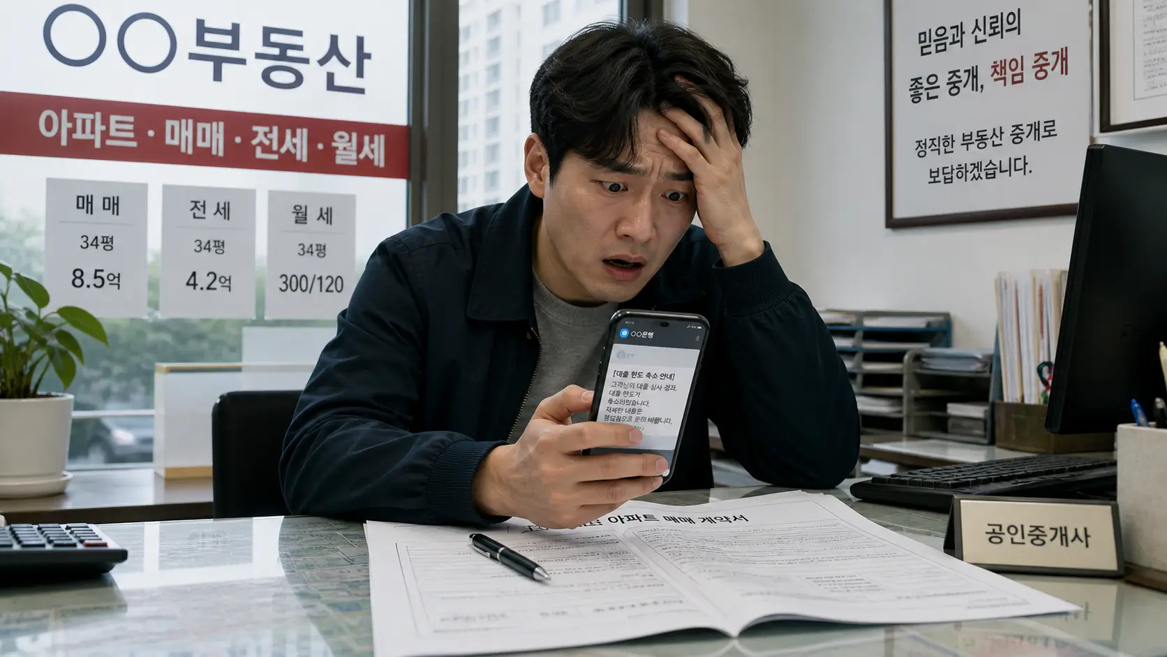 한국의 부동산 공인중개사 사무소에서 아파트 매매 계약서를 펼쳐둔 채 스마트폰으로 은행의 대출 한도 축소 통보 문자를 확인하며 깊은 충격에 빠진 30대 남성의 모습