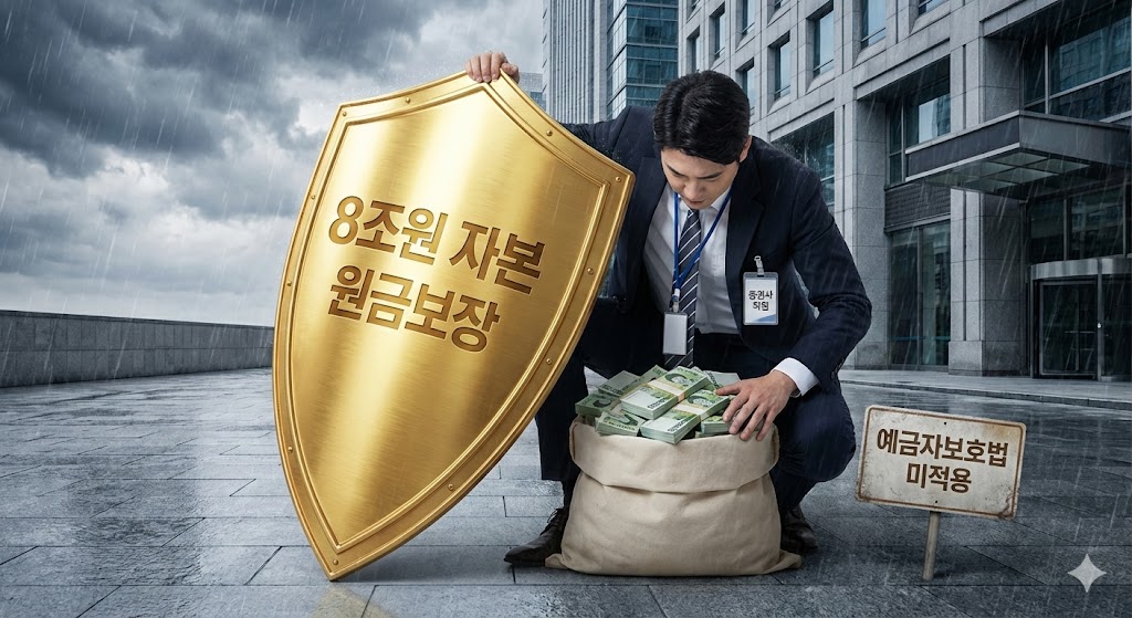 튼튼한 '8조 원 자본'이라는 방패를 든 증권사가 고객의 돈을 지키고 있는 모습 (예금자 보호 우산은 없음)