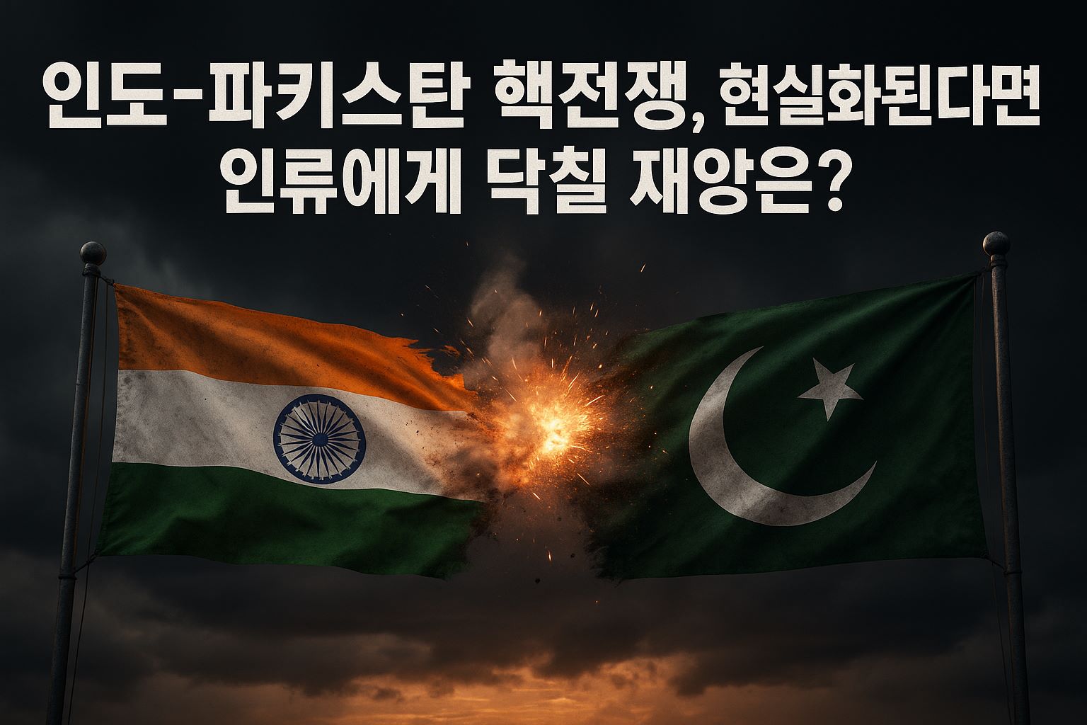 인도와 파키스탄 국기가 충돌하며 폭발하는 장면을 묘사한 배너 이미지. 핵전쟁이 현실화될 경우 인류 전체에 미치는 재앙적 결과를 상징적으로 표현함.