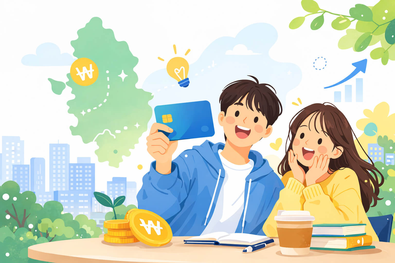 경기도 청년기본소득 일러스트 청년이 카드를 들고 혜택을 확인하는 심플한 안내 이미지