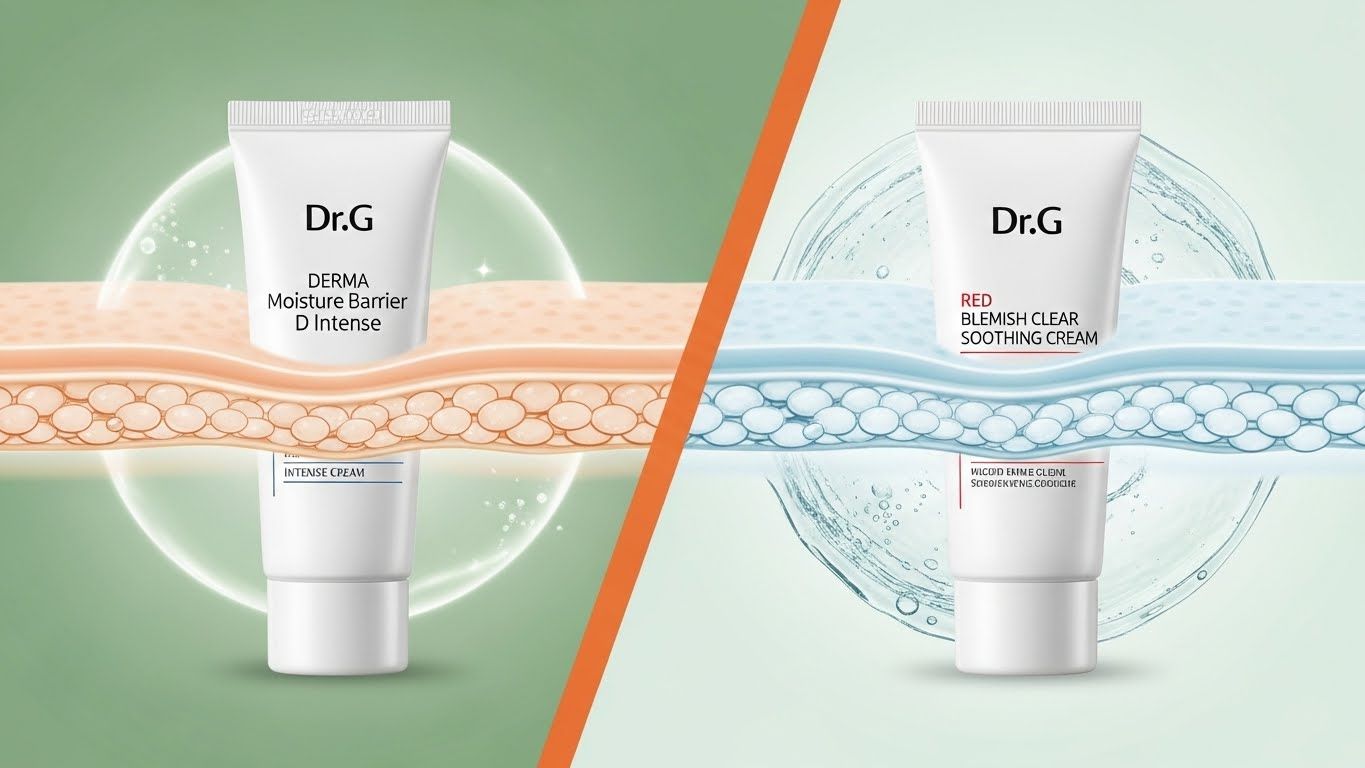 분할된 이미지 또는 시각적으로 분할된 프레임. 한쪽에는 닥터지 더마 모이스처 배리어 D 인텐스 크림 튜브가 부드럽고 보호적인 아우라로 표시되어 있습니다.