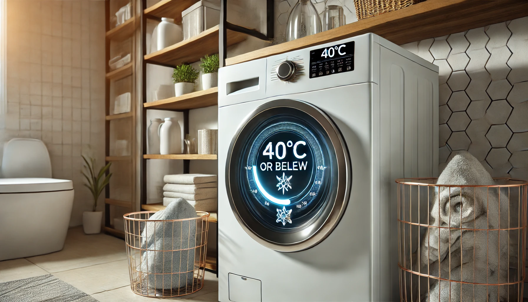 세탁기 낮은 온도 설정(40°C 이하)로 전기 절약하는 모습
