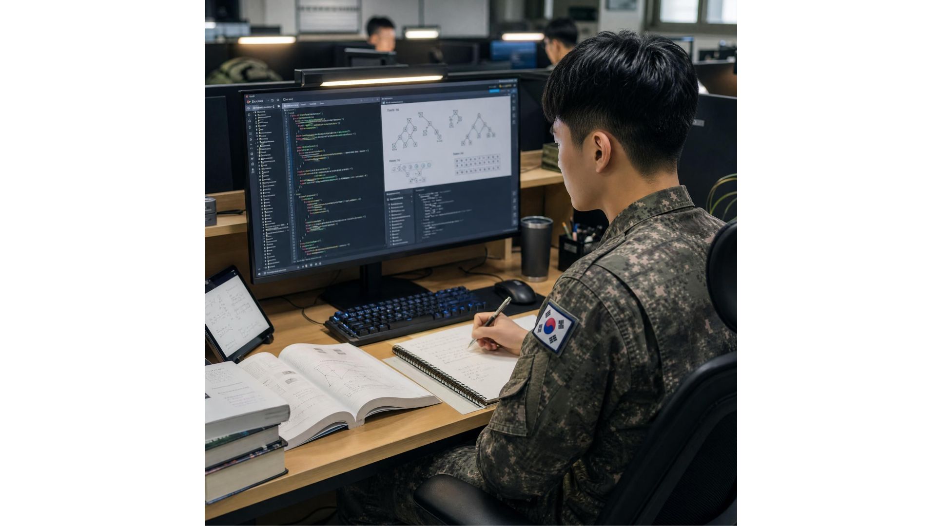 군대에서 코딩 테스트를 하고있는 군장병의 모습입니다.