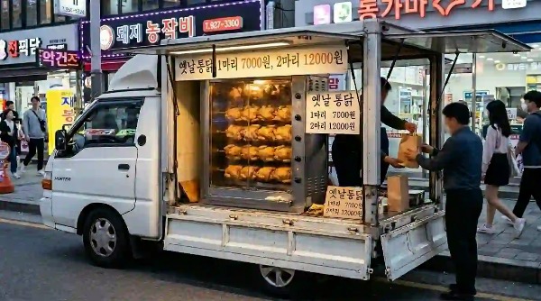 퇴근길. 트럭 전기구이 통닭을 구매하고 남성.
