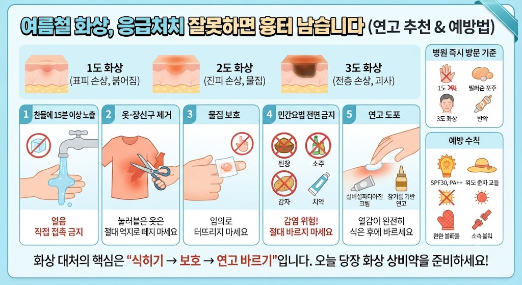 여름철 화상 응급처치 5단계 및 연고 추천, 예방법 인포그래픽