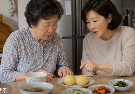 찐 감자와 작은 반찬이 놓인 점심 식탁을 함께 살펴보는 고령의 어머니와 딸 보호자