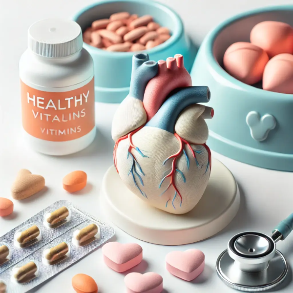 하얀 배경 위에 정리된 강아지 심장 건강 관련 아이템들의 전문 스튜디오 촬영 사진