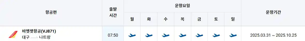 대구 나트랑 비행기 시간표