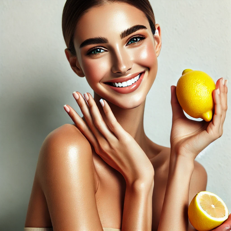 레몬을 들고 환하게 웃는 여성
