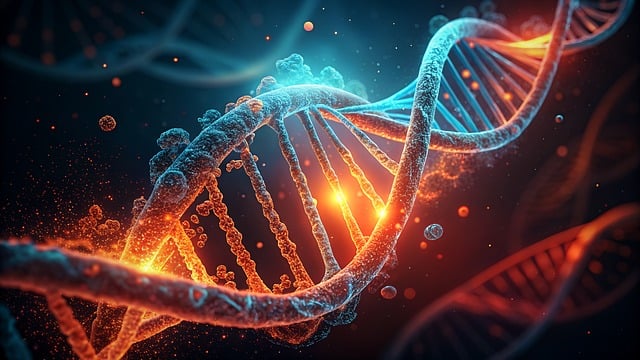 불빛이 교차하는 이중 나선 DNA 구조 이미지. 기억이 유전자를 바꾼다는 개념을 시각적으로 표현한 그림.