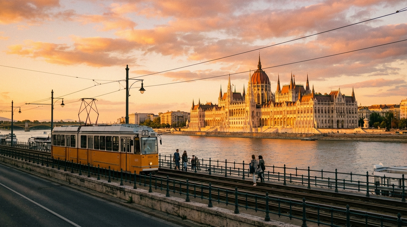 부다페스트 트램 2번 노선이 다뉴브강변을 따라 달리는 풍경