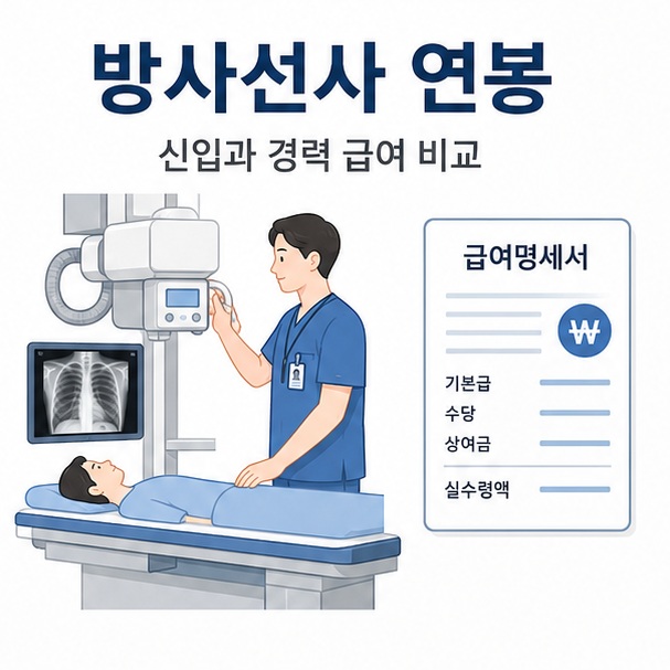 병원 영상의학과에서 방사선사가 촬영 장비를 다루는 모습과 급여명세서를 함께 배치해 방사선사 연봉을 표현한 대표 이미지