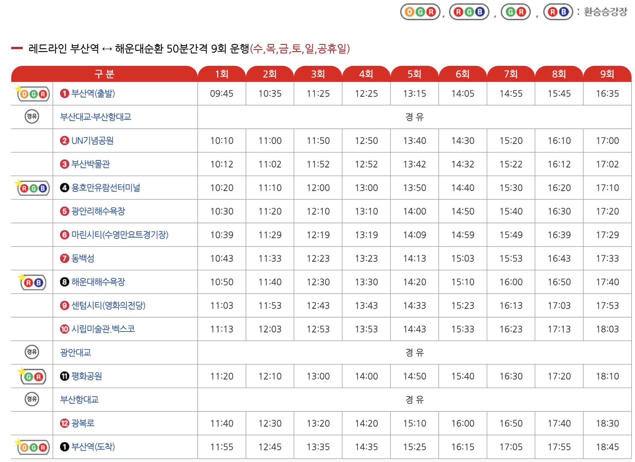 레드라인 시간표안내