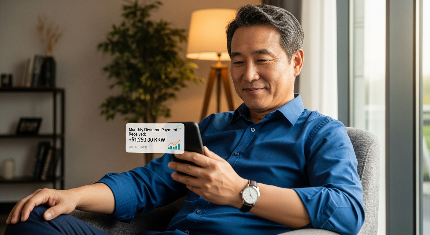 스마트폰으로 월별 배당금 입금 내역을 확인하며 미소 짓는 4050 투자자