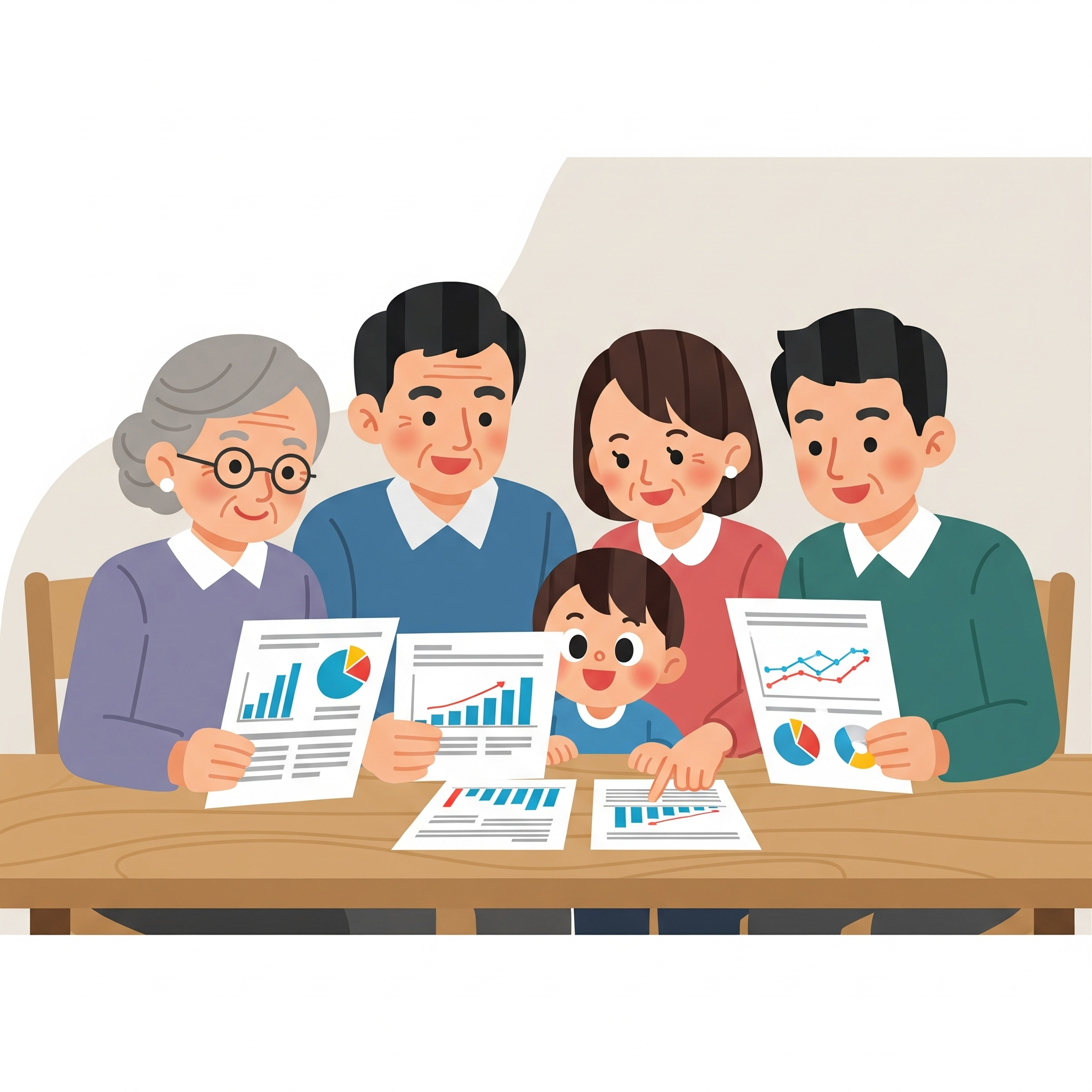 여러 세대의 가족이 함께 모여 긍정적으로 재정 계획을 세우는 모습
