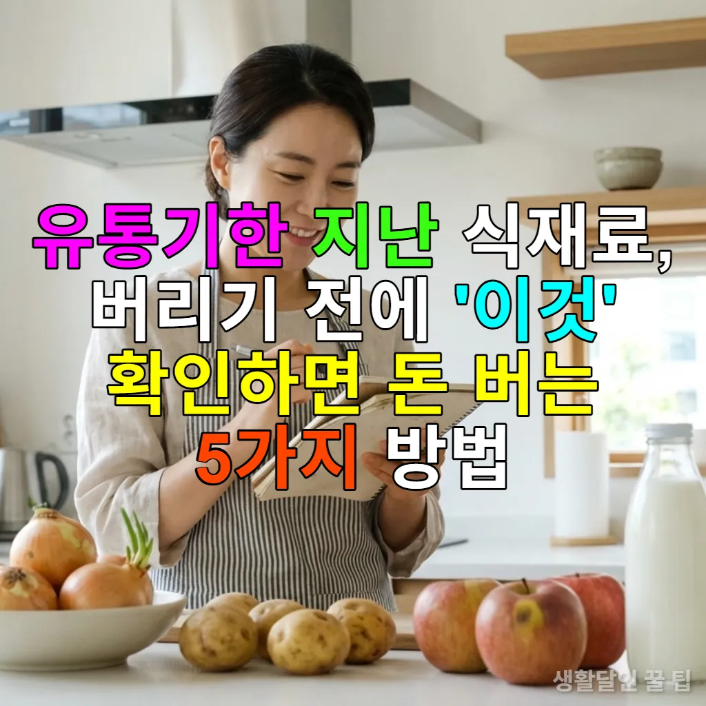 유통기한이 지난 식재료를 보며 현명한 활용법을 고민하는 한국 여성의 모습이 담긴 깨끗한 주방 풍경