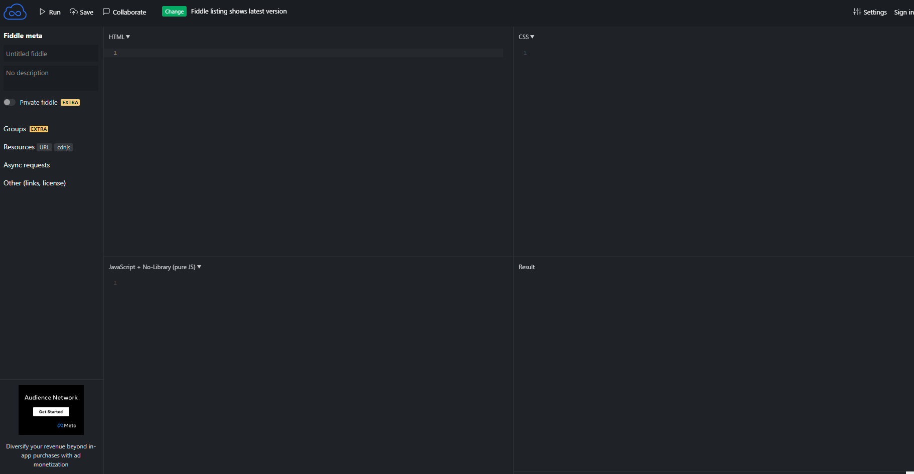 jsfiddle 사이트 화면