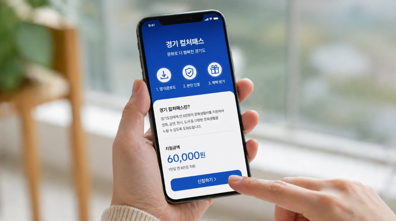 스마트폰 화면에서 경기 컬처패스 앱을 통해 간편하게 신청하는 과정을 보여주는 이미지