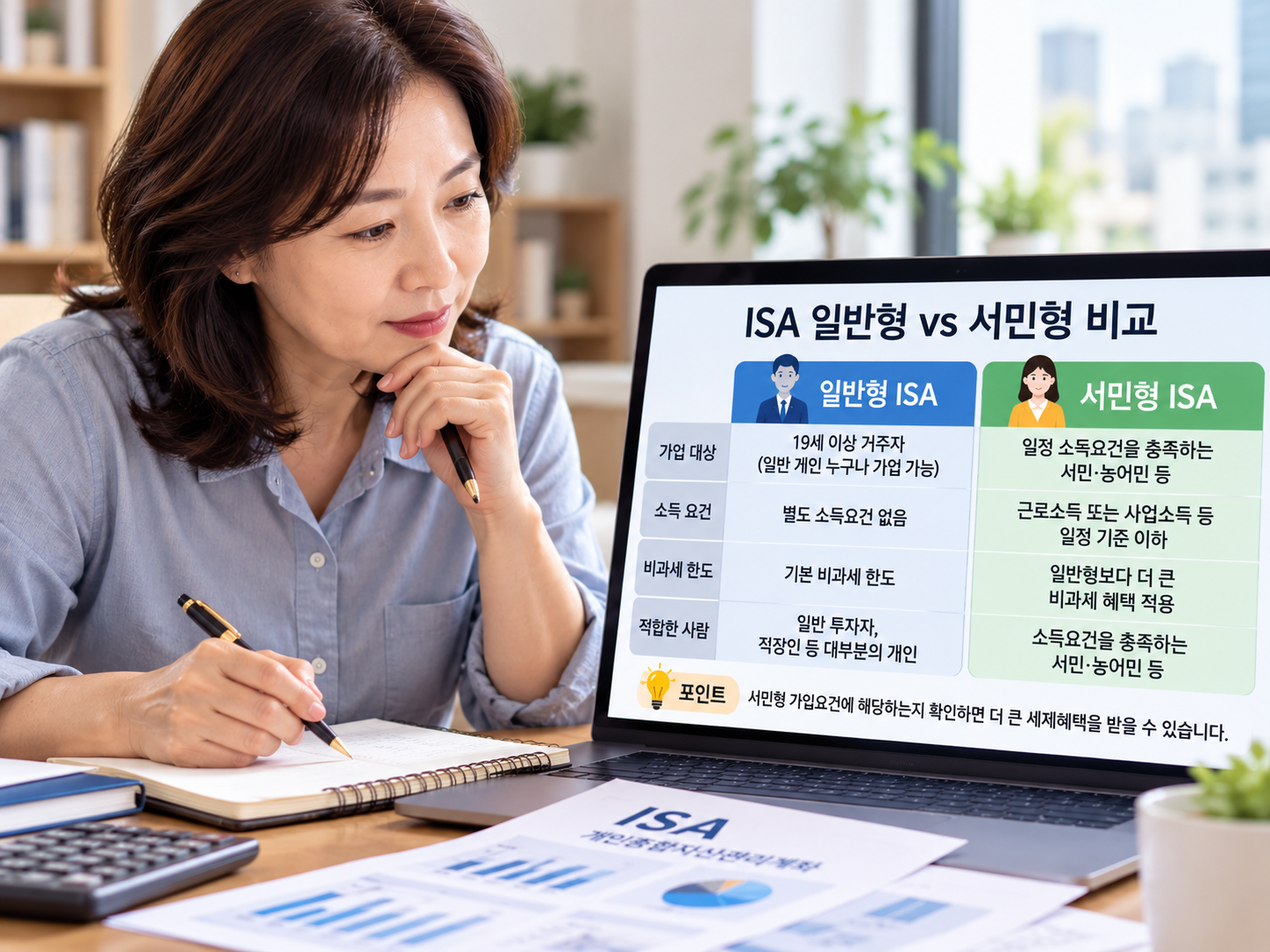 ISA 일반형과 서민형 가입조건을 비교하는 중년 직장인의 이미지
