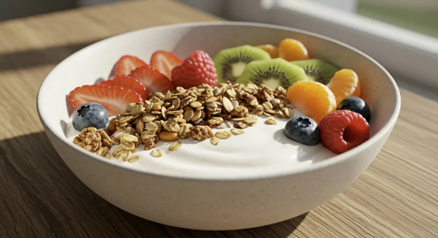 다양한 과일과 견과류를 토핑한 그릭요거트 사진