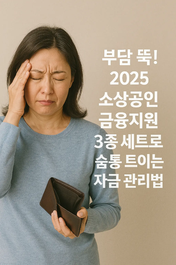 이마를 짚고 빈 지갑을 든 채 걱정하는 여성과 '부담 뚝! 2025 소상공인 금융지원 3종 세트로 숨통 트이는 자금 관리법'이라는 텍스트가 함께 있는 이미지