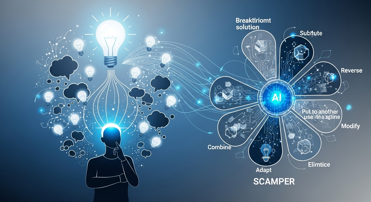 SCAMPER 기법을 활용하여 AI가 새로운 아이디어를 발상하고 문제를 해결하는 과정을 시각화한 이미지.