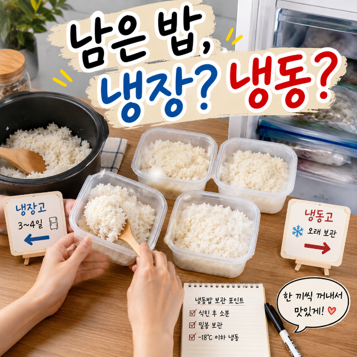 냉동밥 보관법에 따라 남은 밥을 1회분씩 소분해 밀폐용기에 담아 냉동보관하는 이미지