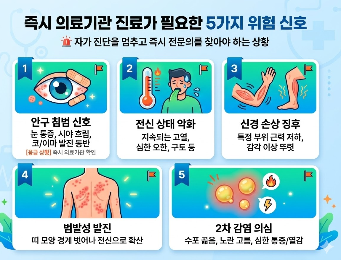 즉시 의료기관 진료가 필요한 대상포진 위험 신호 5가지: 안구 침범, 전신 악화, 신경 손상 등