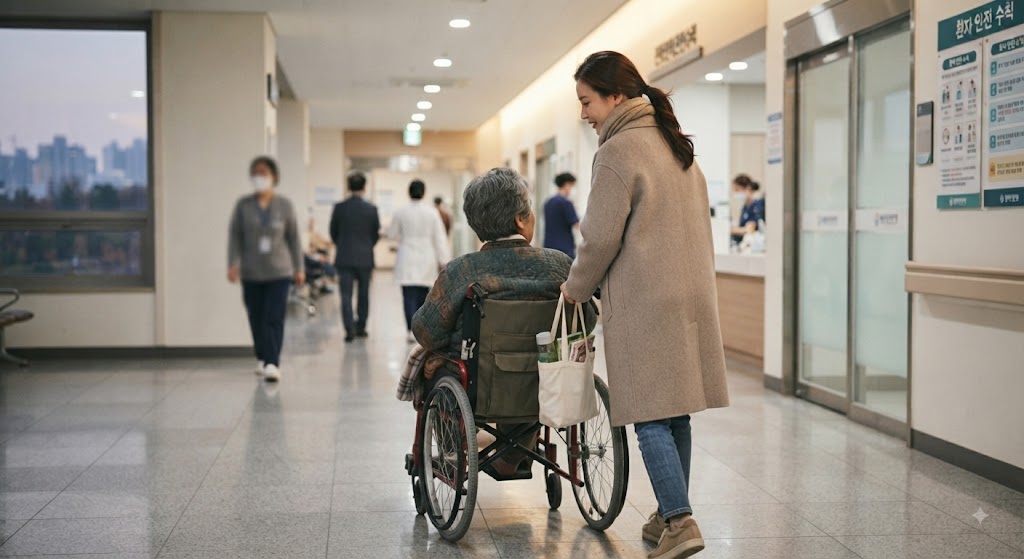 휠체어탄을 장애인이 병원으로 이동하는 모습