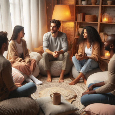 대화하는 사람들, 다양한 인종과 성별이 섞여 있다.