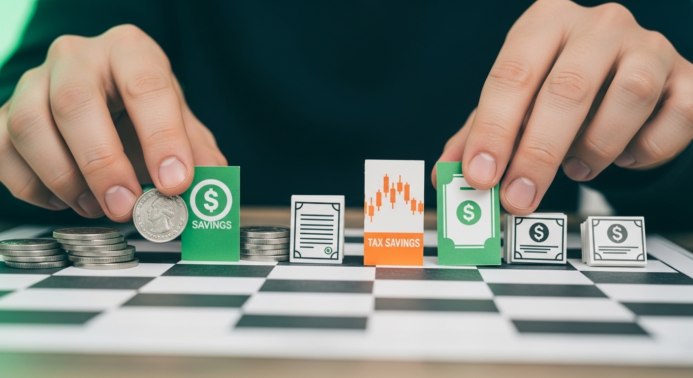 효율적인 금융소득 절세 전략을 세우기 위해 다양한 금융 상품을 배치하는 모습