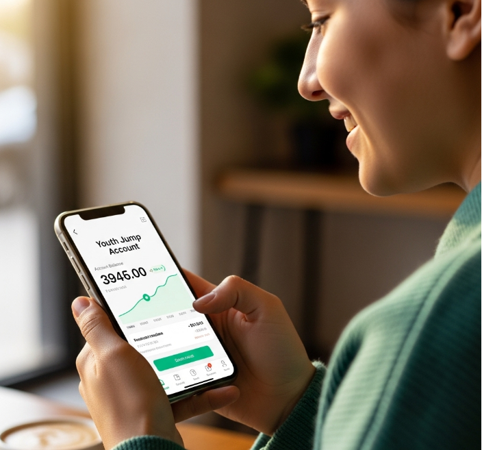 한 청년이 스마트폰 뱅킹 앱을 열고 청년도약계좌의 잔액을 확인하는 모습. 계좌가 꾸준히 쌓여가는 것을 보며 미소 짓고 있다