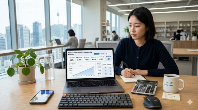 적금 금리 비교 사이트를 활용해 은행별 적금 금리를 비교하는 모습