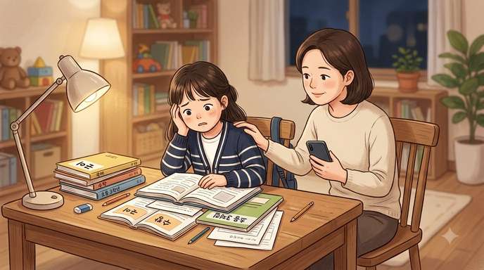 밀린 방학 숙제 앞에 앉은 아이와 부모