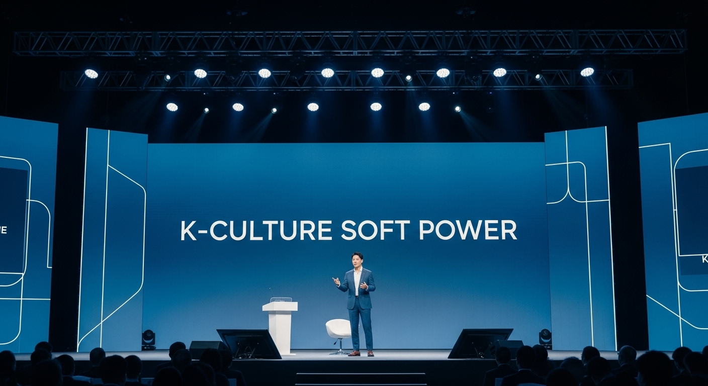 'K-컬처 소프트 파워'를 주제로 열정적으로 기조연설을 하는 모습. 세련된 무대 조명과 현대적인 그래픽 배경이 그의 연설에 힘을 더하고 있습니다.