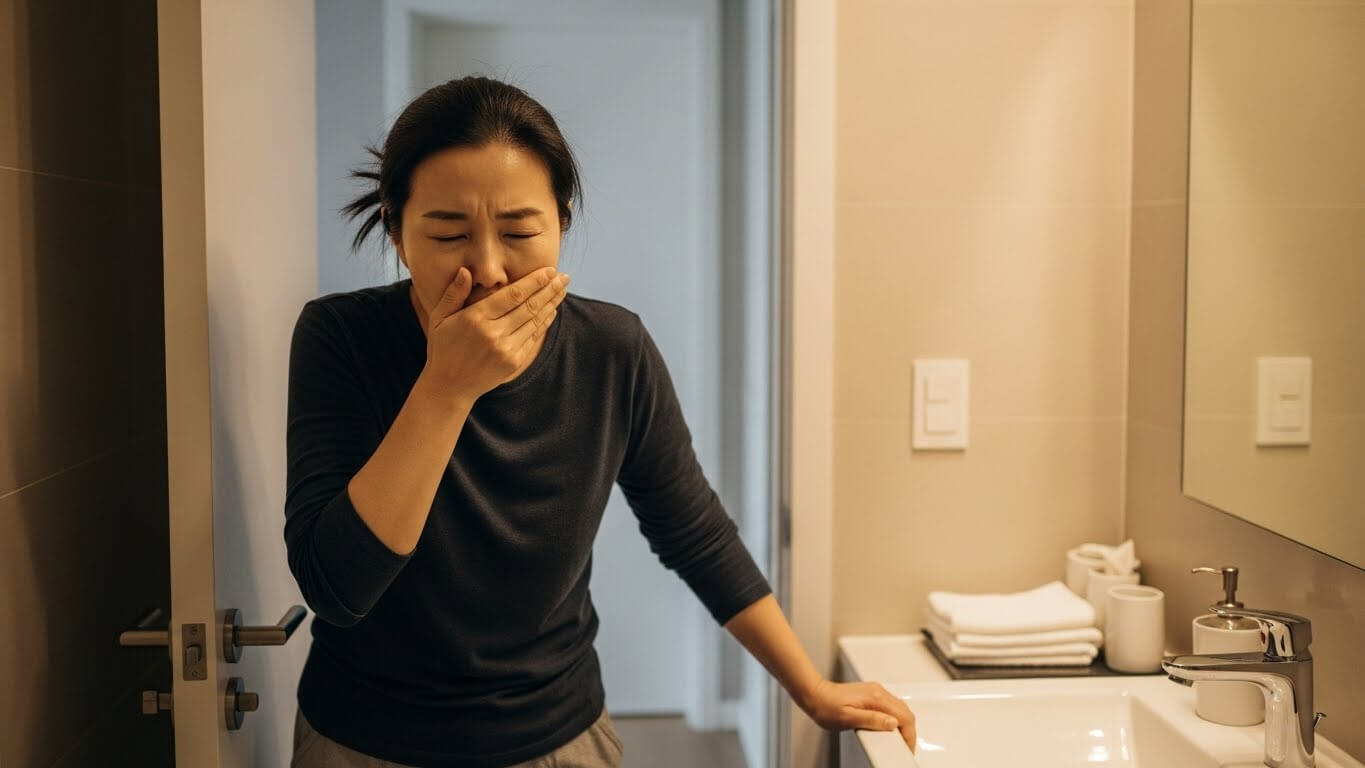 왼쪽 아랫배 통증과 구역감을 느끼는 모습