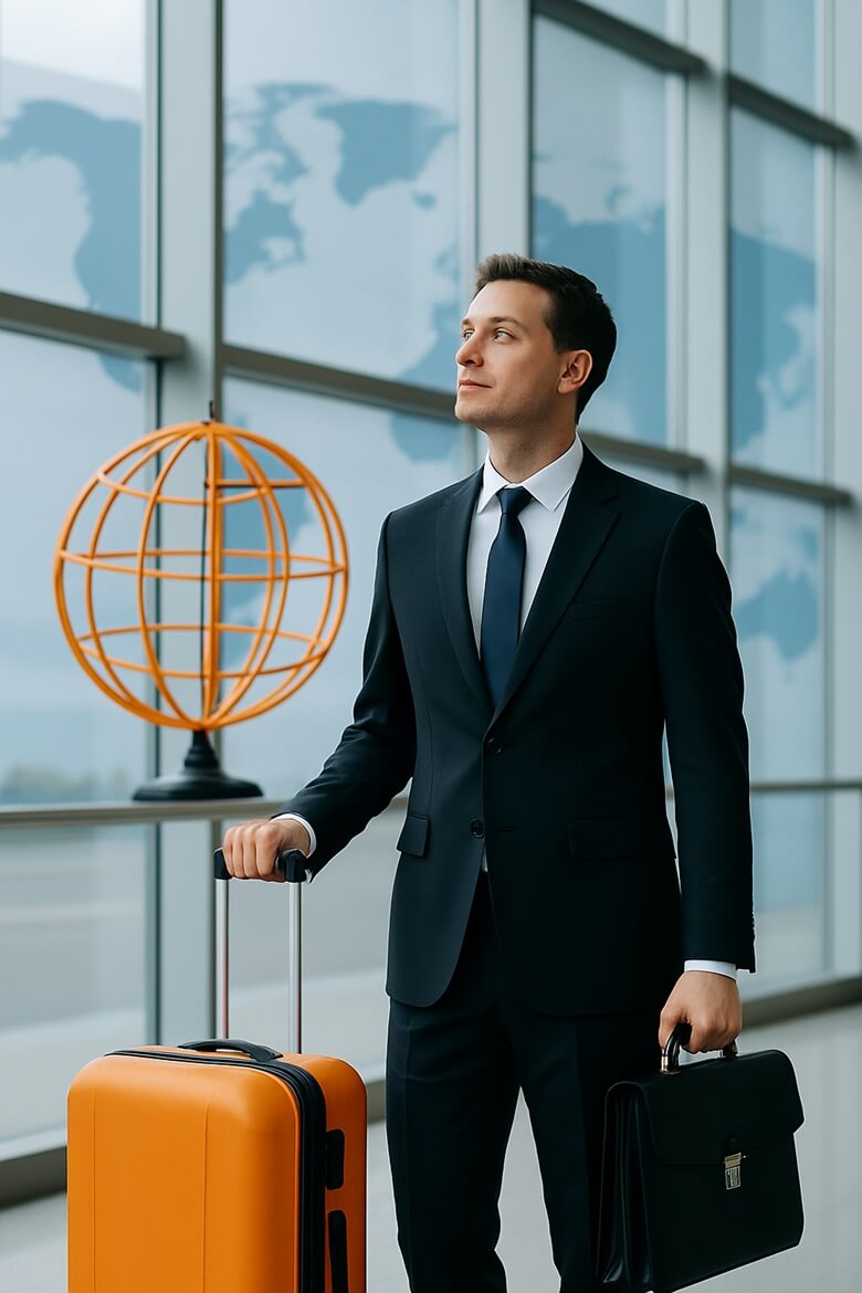 해외 출장을 준비 중인 정장 차림의 남성이 오렌지색 캐리어와 서류가방을 들고 공항 로비에 서 있으며, 배경에는 세계지도와 주황색 지구본 조형물이 있는 모습
