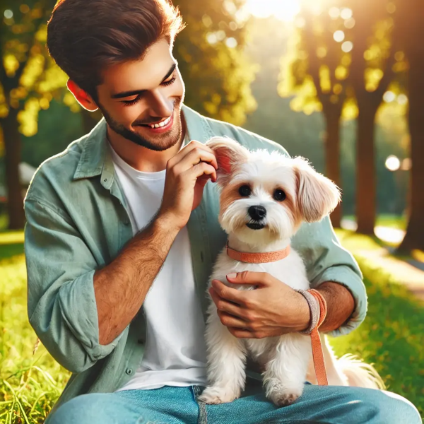 밝은 공원에서 반려견의 귀 상태를 살펴보는 젊은 남성의 초고해상도 사진