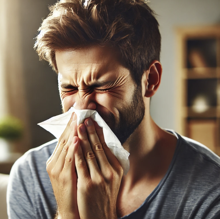면역과민반응으로 재채기하는 남성