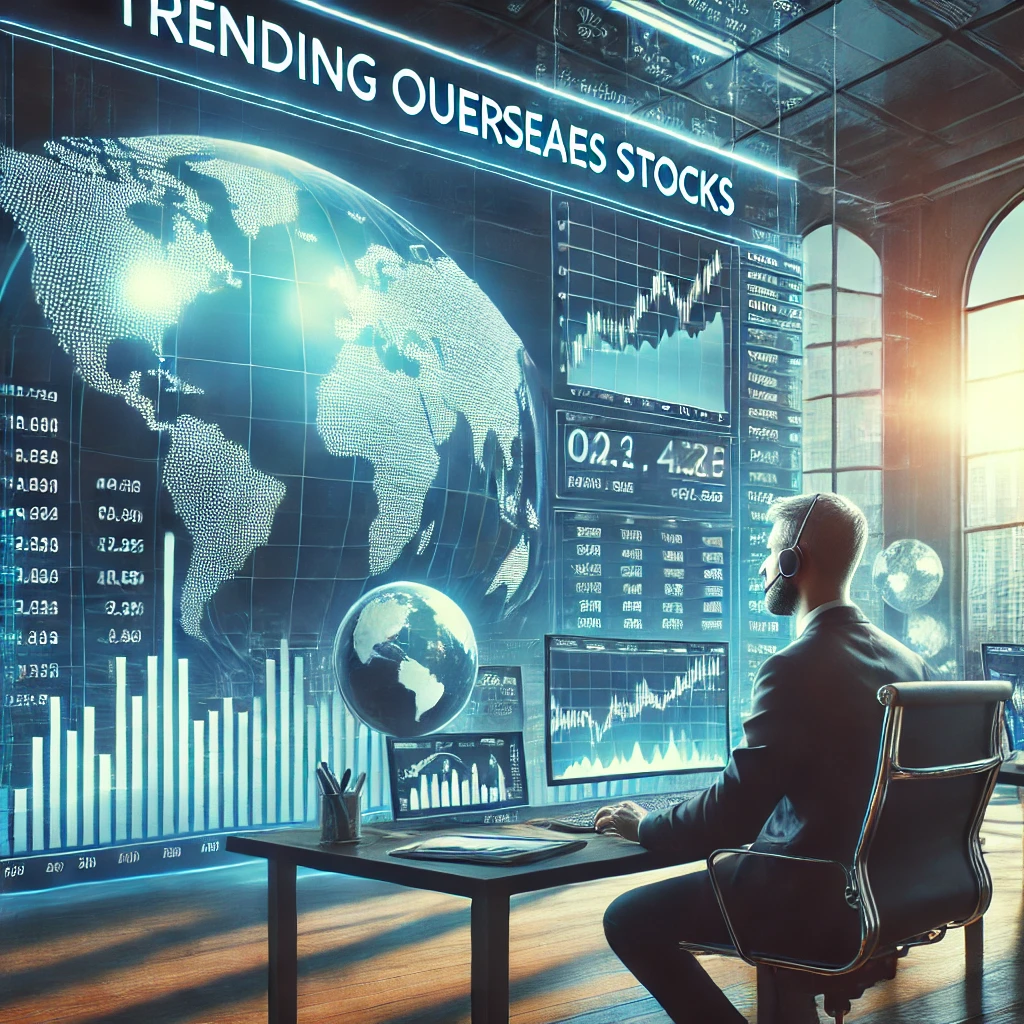 "해외 주식 시장 분석을 하는 투자자가 보이는 금융 사무실 배경. 실시간 주식 차트와 글로벌 시장 데이터가 표시된 트레이딩 화면."