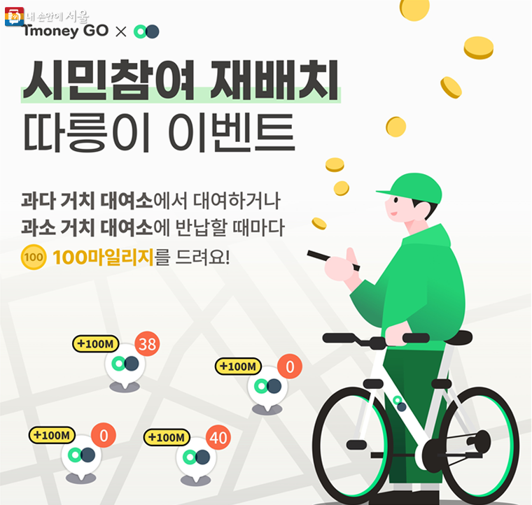 서울시 시민참여 따릉이 재배치 사업&#44; 티머니GO앱&#44; 따릉이와 대중교통 환승&#44; 월 최대 5000마일리지