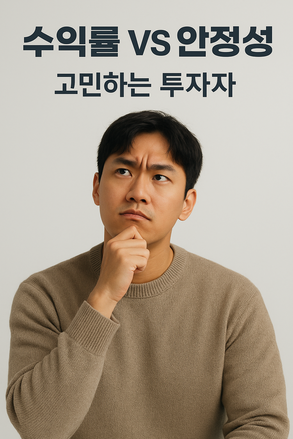 베이지색 니트를 입은 젊은 동양 남성이 턱에 손을 얹고 고민하는 표정을 짓고 있으며, 이미지 상단에는 '수익률 VS 안정성', '고민하는 투자자'라는 문구가 적혀 있다.