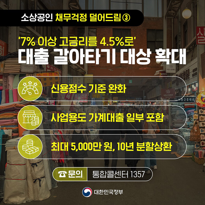 소상공인 금융지원 "대출 갈아타기 대상 확대" (출처 : 대한민국 정책브리핑)