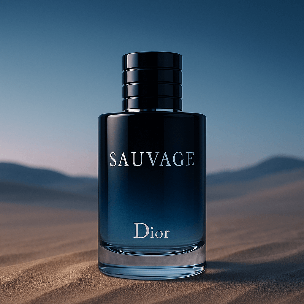 깔끔하고 세련된 블루 그라데이션 유리 용기, 중앙에 ‘SAUVAGE’와 ‘Dior’ 로고, 배경은 모래사막 풍경의 새벽빛을 암시하는 깊은 블루 톤