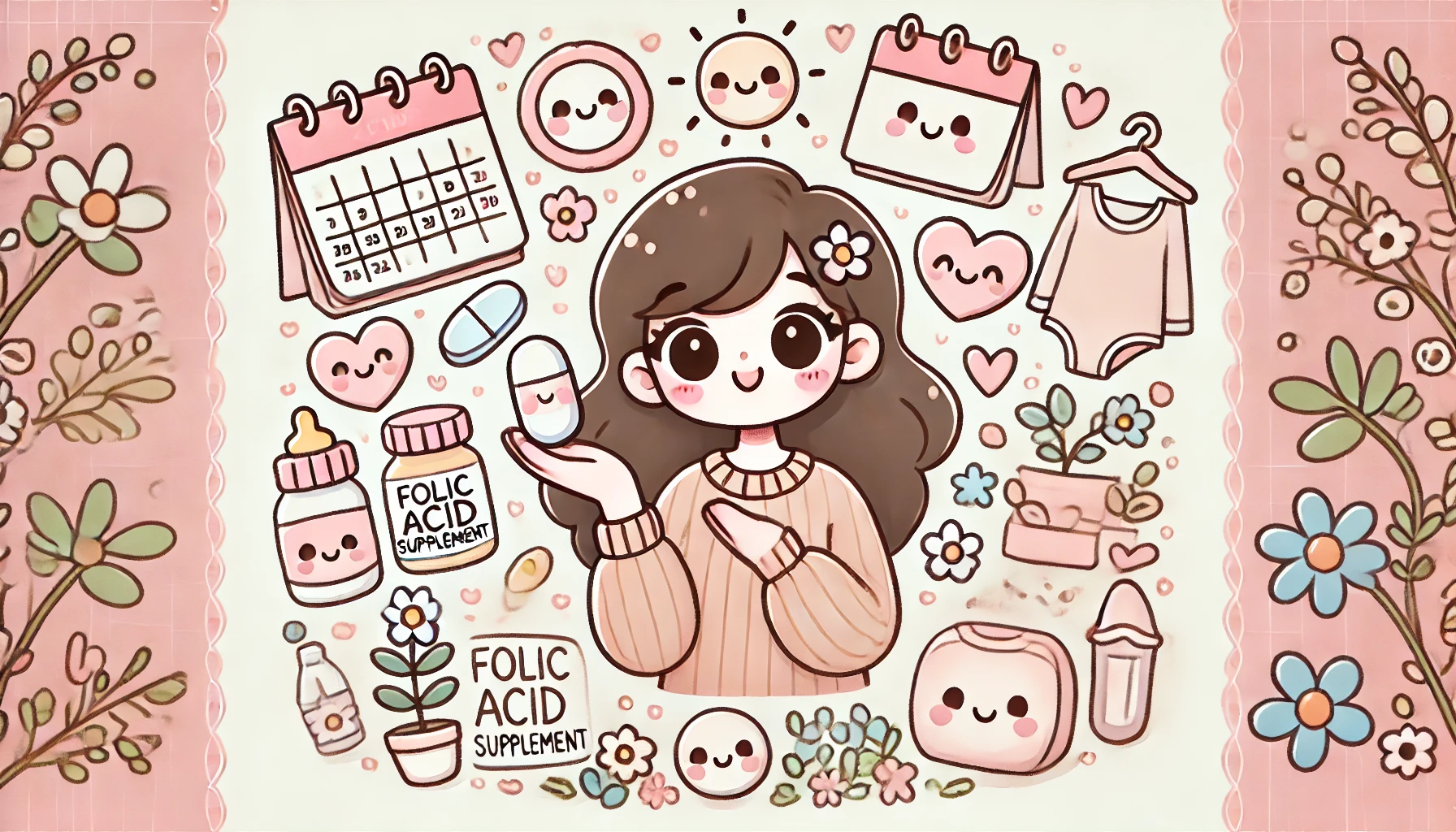 엽산제를 들고 행복해하는 귀여운 캐릭터 스타일 여성의 일러스트