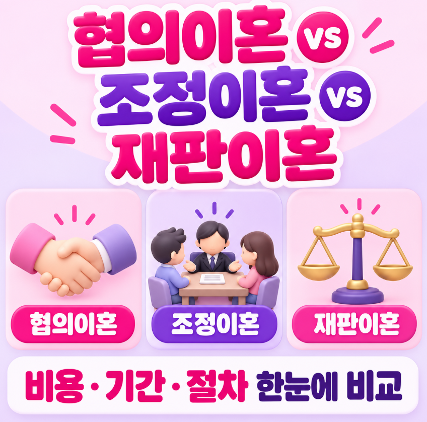 협의이혼 vs 조정이혼 vs 재판이혼 차이｜비용&middot;기간&middot;절차 한눈에 비교
