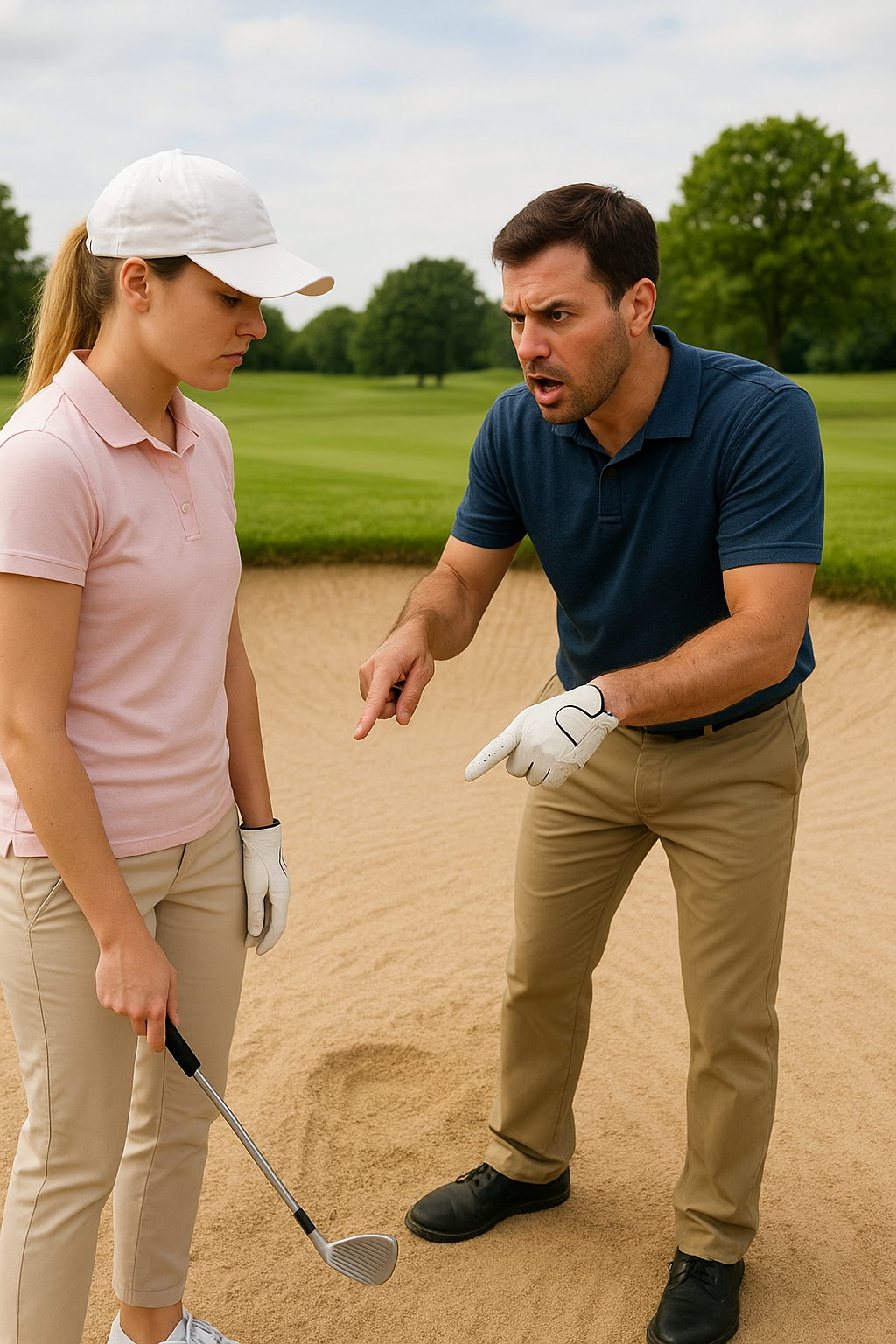 남자 프로 골퍼가 아마추어 여자 골퍼에게 벙커에서 탑볼로 박혀버린 모습에 질책하는 모습