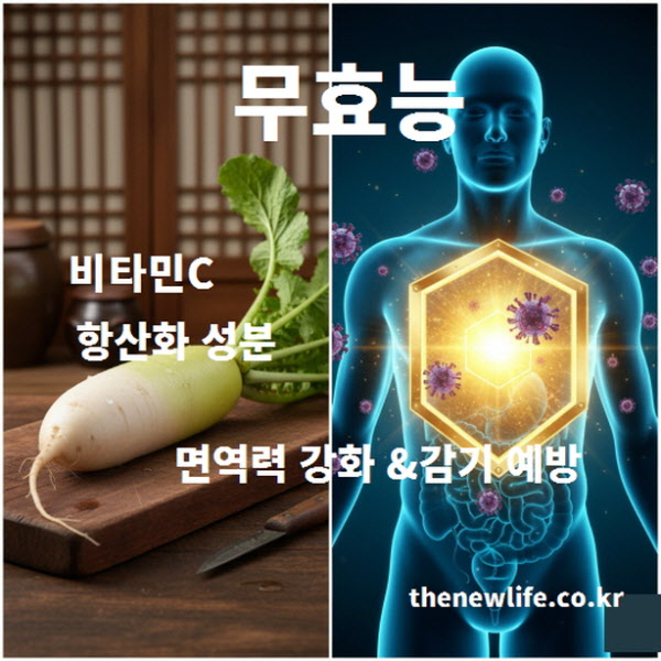 비타민C와 항산화 성분으로 면역력을 강화하고 바이러스 감염을 억제하는 무 효능 설명 이미지