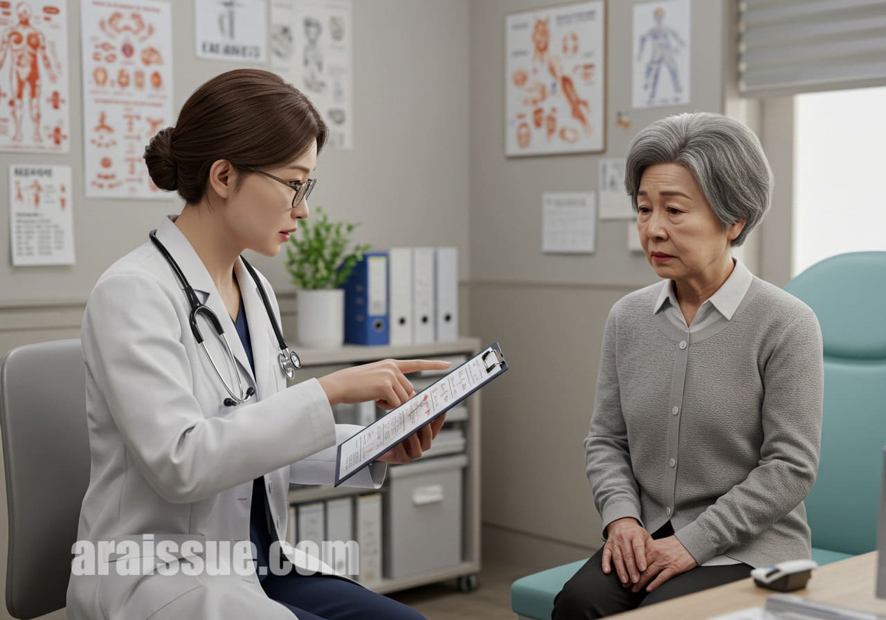 의사와 상담하며 예방접종 조건을 확인하는 장면